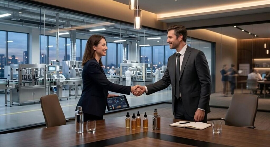Professional collaboration in modern manufacturing; demonstrating our commitment to trust, partnership, and high-quality e-liquid solutions.