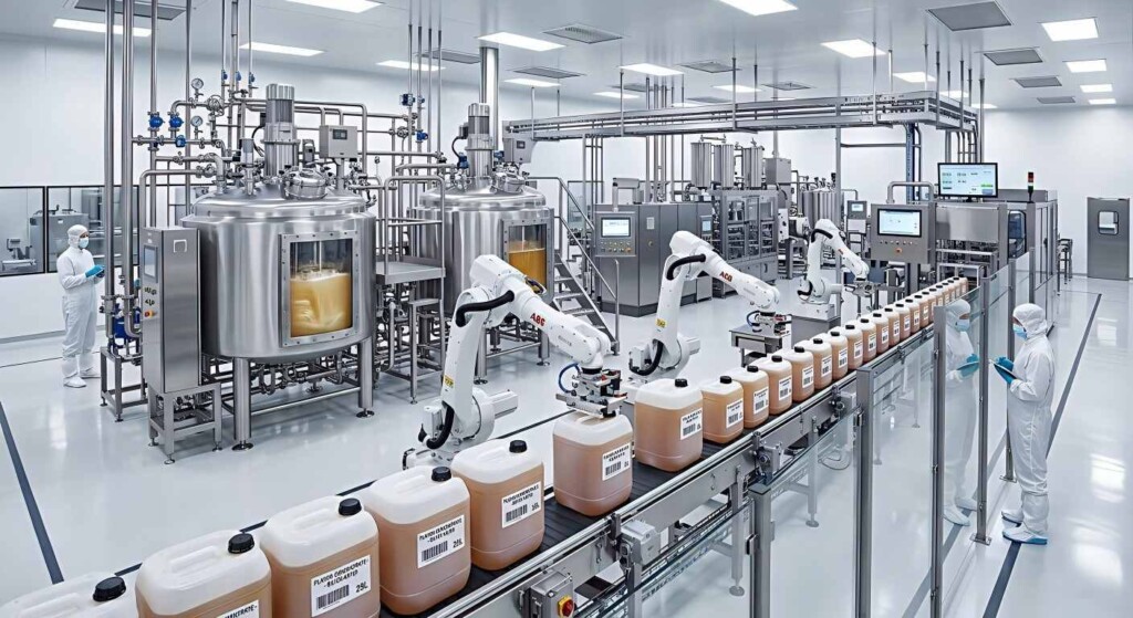 A state-of-the-art, surgically clean manufacturing facility featuring robotic arms and industrial mixing vats for high-volume flavor production.