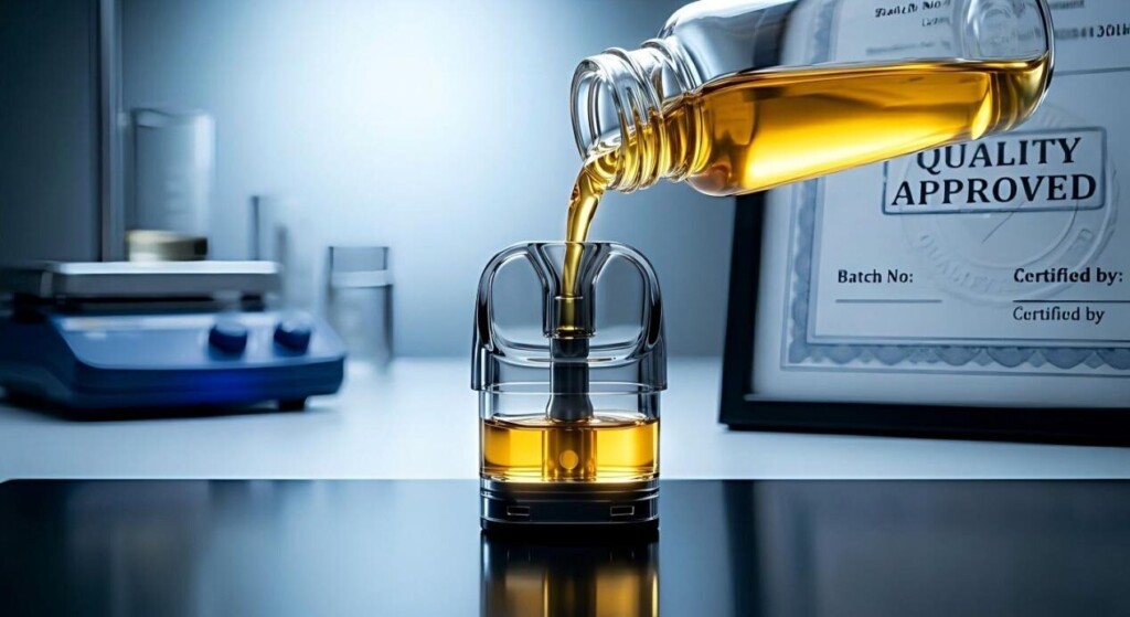 High-contrast image of clear e-liquid being poured into a pod, featuring a "Quality Approved" lab certificate.