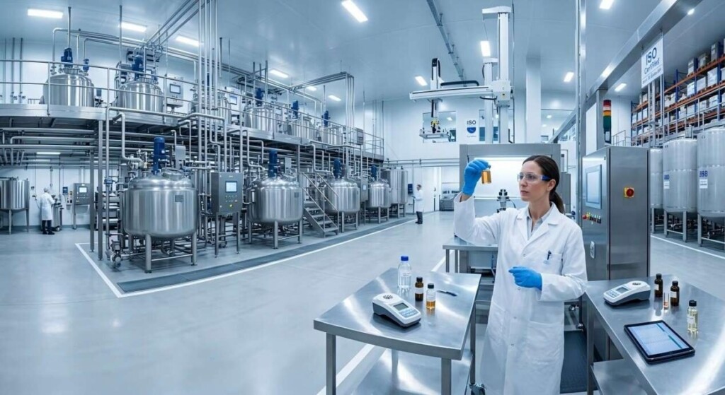 A panoramic view of a state-of-the-art flavor production facility featuring stainless steel vats and rigorous quality control testing.