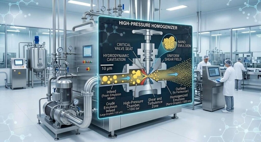 A high-tech view of an industrial high-pressure homogenizer, featuring a cutaway graphic showing the transition from crude oil droplets to uniform nano-emulsions.