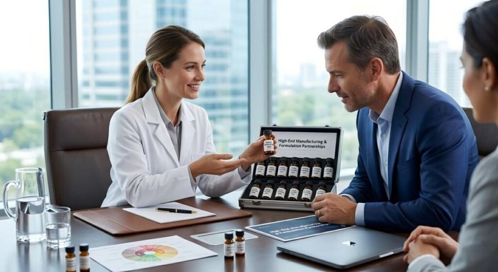 A corporate boardroom scene featuring a flavor chemist presenting high-end, customized liquid formulations to a business partner.