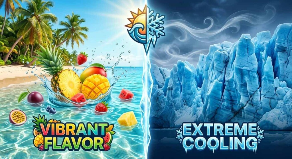 A stylized graphic representing the balance between vibrant tropical fruit flavors and intense, glacier-like cooling.