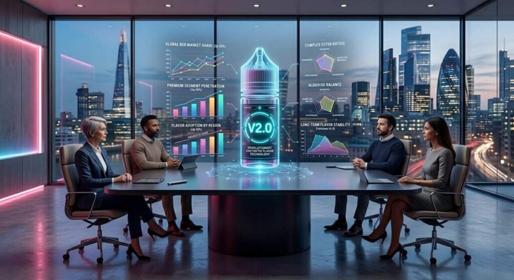 A sleek corporate boardroom featuring a holographic projection of a V2.0 e-liquid bottle and market data charts, symbolizing industry innovation.