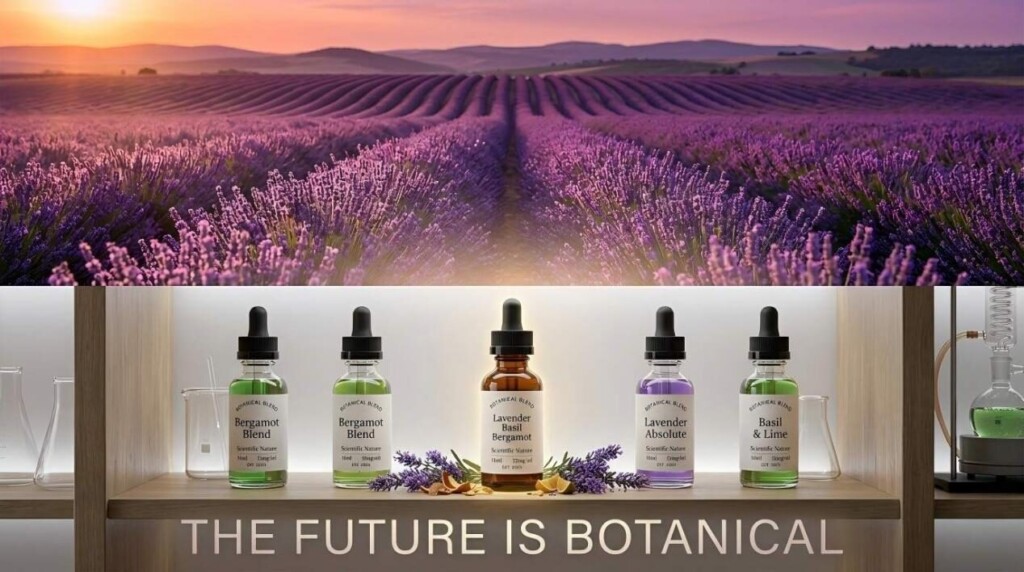 A cinematic transition from a lavender field at sunset to a premium retail shelf, showcasing the elegant future of botanical-based vapor products.