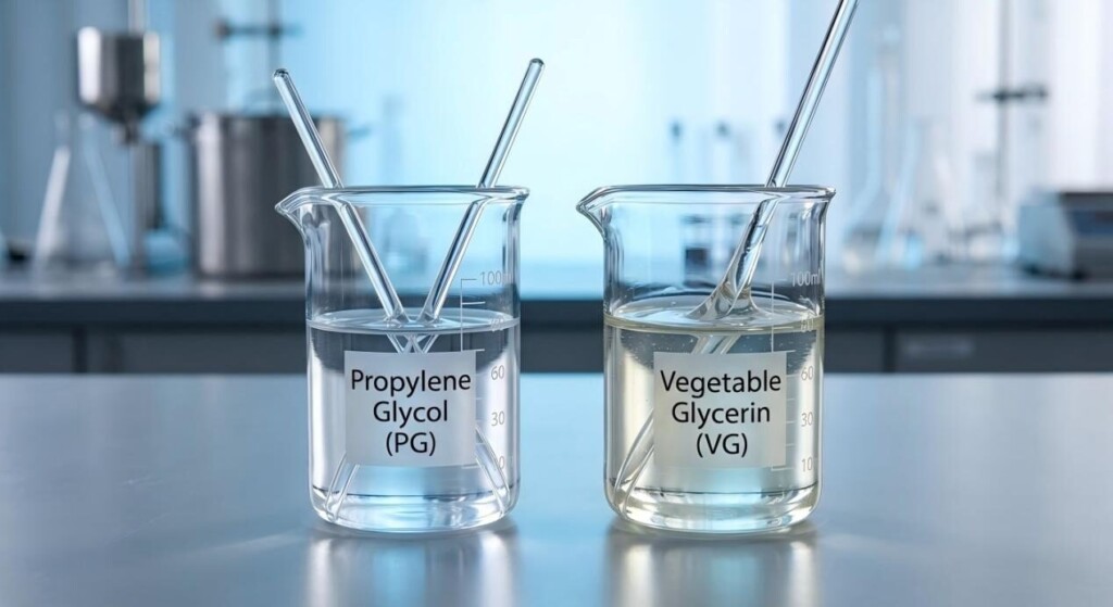 Une comparaison en laboratoire de haute qualité montrant la différence physique de viscosité entre le propylène glycol (PG) et la glycérine végétale (VG) dans des béchers transparents.
