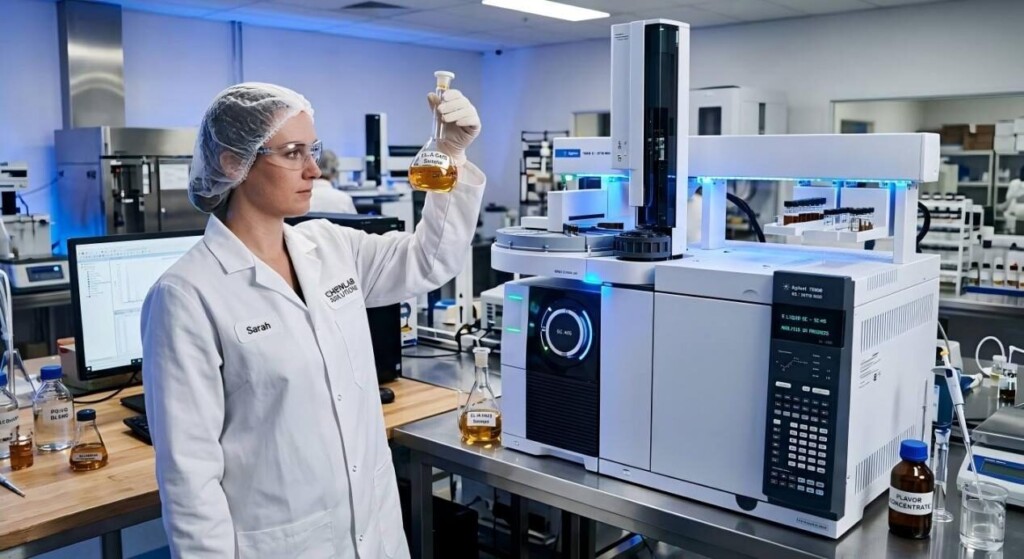 Un scientifique professionnel effectue des tests de contrôle de qualité des e-liquides à l'aide d'un équipement moderne de chromatographie en phase gazeuse et de spectrométrie de masse (GC-MS) dans un laboratoire chimique de haute technologie.
