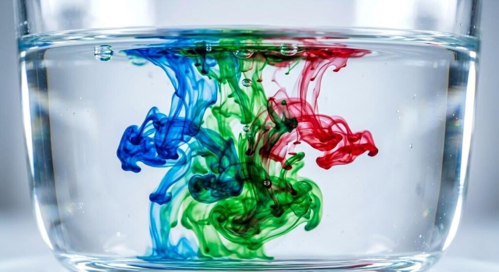 Un gros plan macro extrême capturant des gouttelettes de concentré d'arômes vibrants et colorés se dissolvant et tourbillonnant dans un bassin de liquide clair pour démontrer la solubilité.