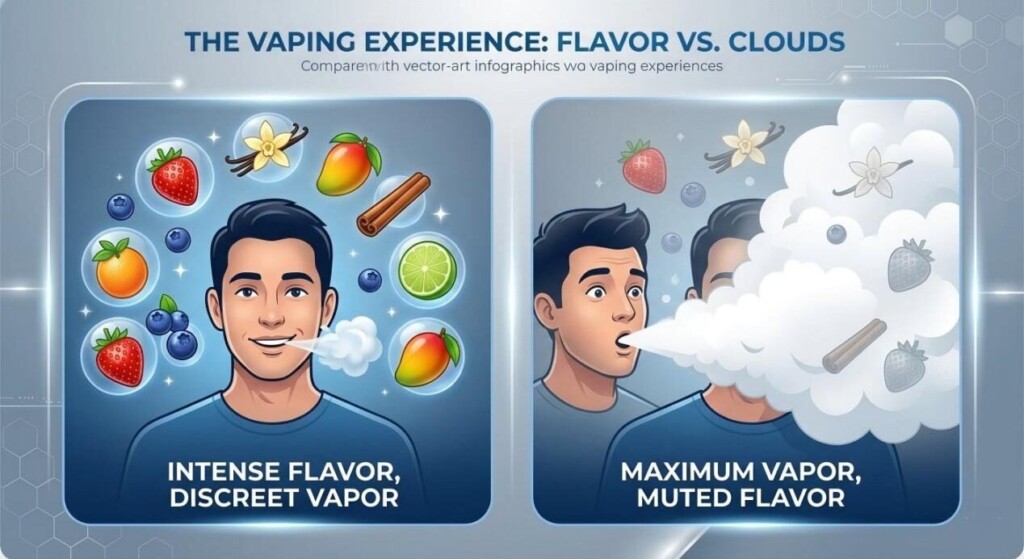 Une infographie moderne illustrant l'équilibre entre une saveur intense et une production maximale de nuages de vapeur pour une expérience de vapotage optimale.