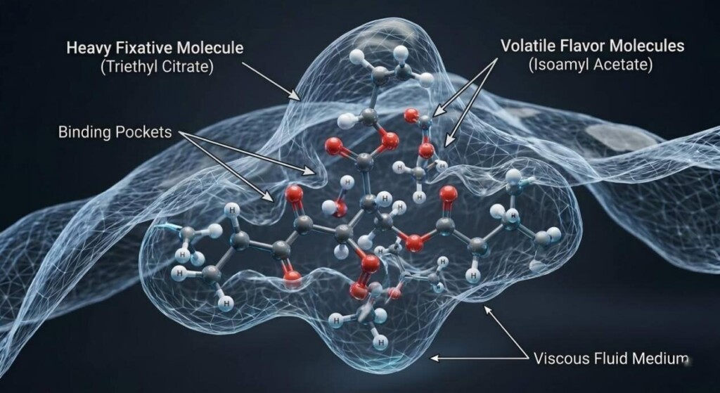 Une visualisation moléculaire éducative en 3D démontrant une molécule fixatrice lourde se liant aux composants aromatiques volatils dans un support fluide visqueux.