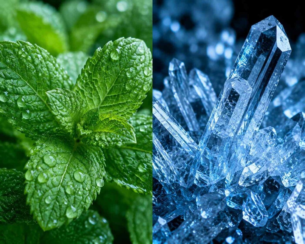 Toma macro de imagen dividida que contrasta las hojas frescas de menta con cristales refrescantes azules sintéticos, destacando las fuentes de enfriamiento naturales frente a las modernas.