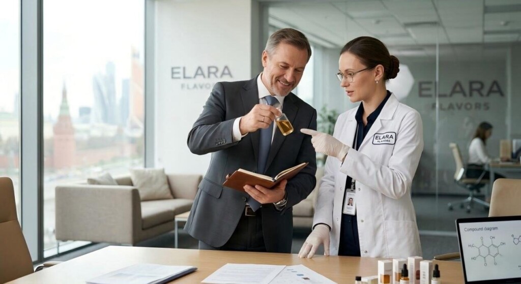 Un cadre B2B professionnel mettant en vedette un homme d'affaires et un chimiste en blouse de laboratoire collaborant et examinant la qualité supérieure des arômes d'e-liquides.