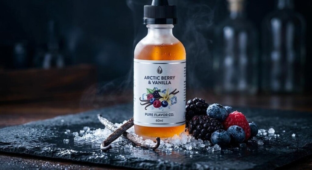صورة منتج تجاري منمقة لزجاجة السائل الإلكتروني Arctic Berry & Vanilla على سطح أردوازي محاط بالتوت الطازج وحبوب الفانيليا.