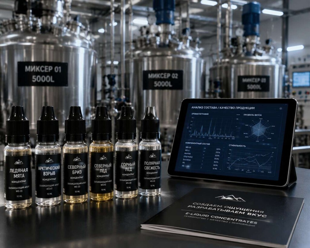 Moderna instalación de producción de e-líquidos con cubas de acero inoxidable, botellas de muestra con etiquetas rusas y análisis químicos digitales para clientes B2B.