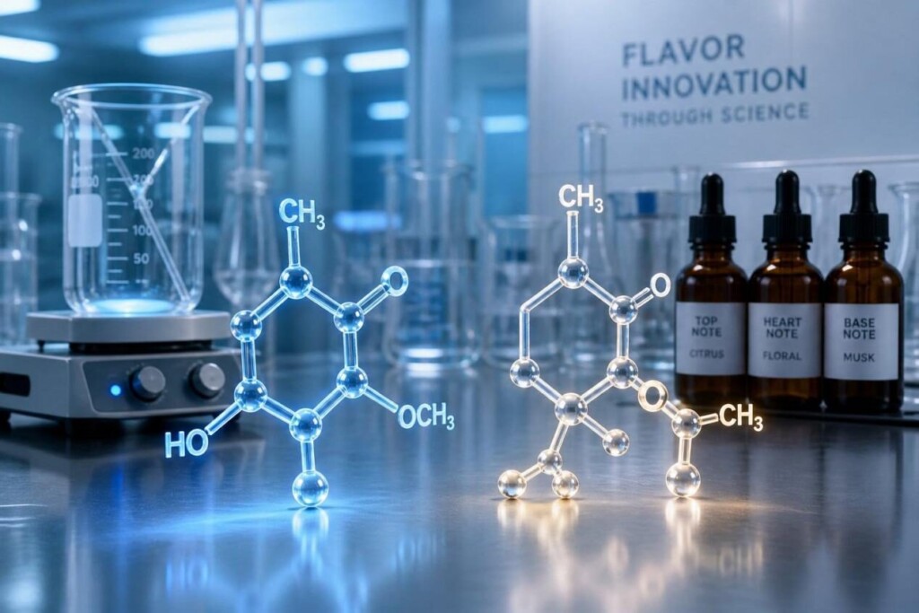 High-end laboratory scene showcasing glowing molecular structures and precision equipment, representing advanced flavor formulation and scientific innovation in e-liquid manufacturing.