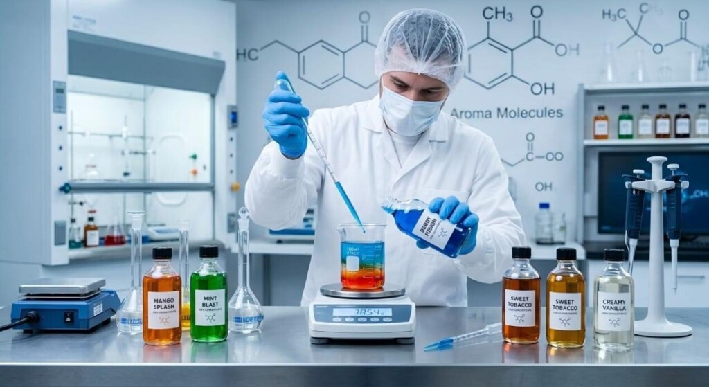 See behind the scenes in our state-of-the-art laboratory where technicians precisely formulate high-quality e-liquid flavorings for a premium experience.