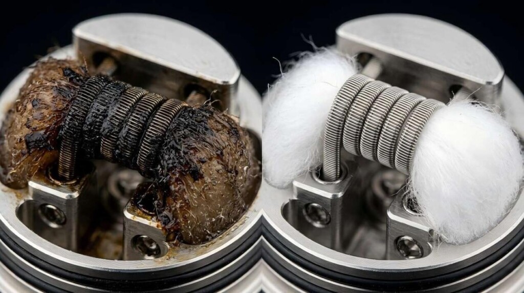 A high-resolution macro photograph contrasting a dark, caramelized, dirty vape coil with heavy carbon buildup against a pristine, freshly wicked clean coil.