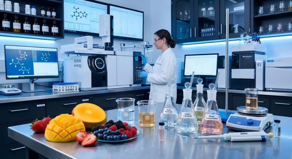 A professional photograph of a pristine flavor chemistry laboratory featuring fresh, vibrant fruits alongside high-tech analytical equipment and scientific glassware.