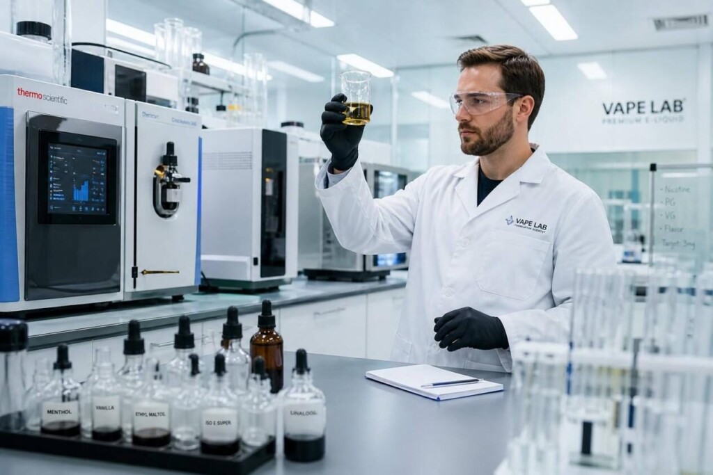 A professional laboratory scene featuring a formulation chemist analyzing e-liquid with advanced scientific equipment, showcasing precision, safety, and innovation in vape product development.