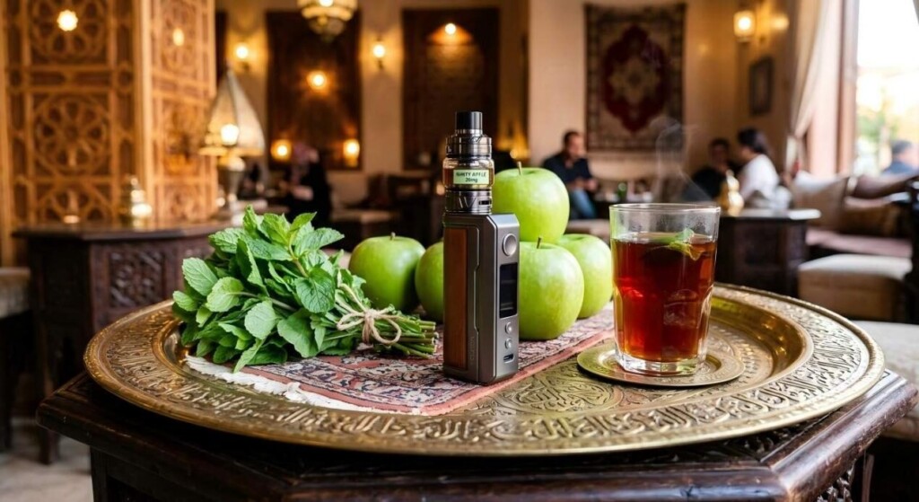 A high-resolution image showcasing a modern vape device on a traditional Middle Eastern brass tray, blending contemporary vaping culture with ornate cultural elements.