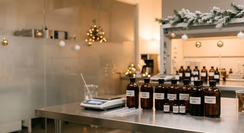 Discover our pristine, high-tech laboratory setting designed for precision flavor concentrate mixing with a touch of holiday warmth.