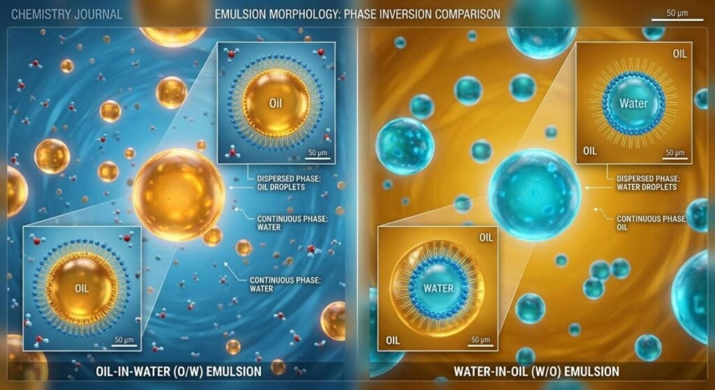 A high-resolution 3D scientific visualization illustrating the structural differences between oil-in-water and water-in-oil emulsions for professional chemistry applications.