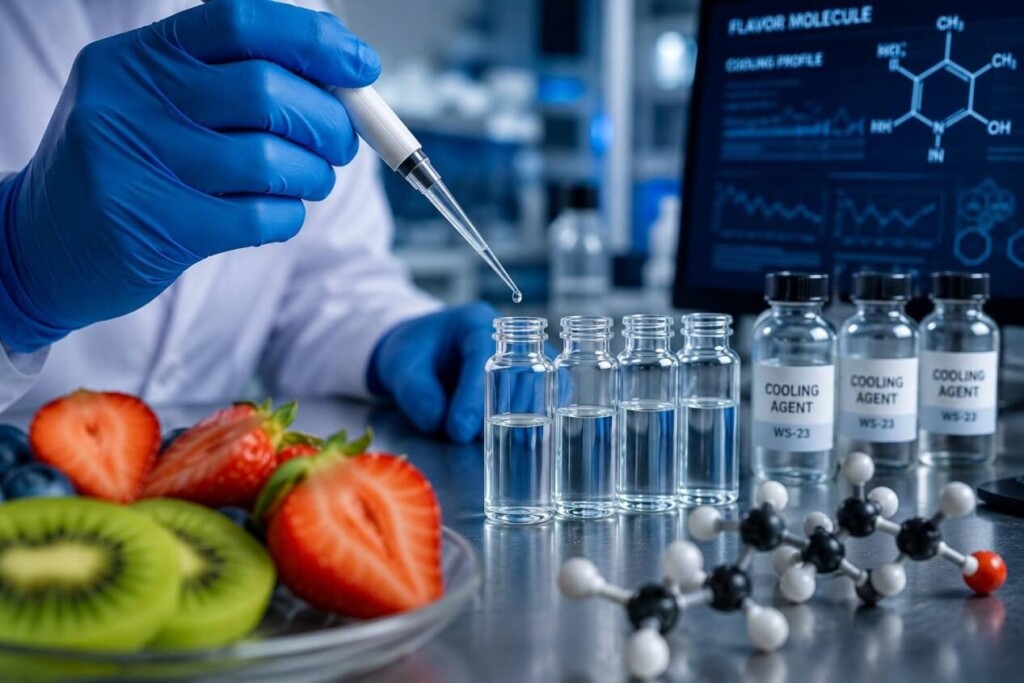A high-tech laboratory scene featuring precision flavor formulation, cooling agents, and fruit-based e-liquid development, highlighting scientific innovation in modern flavor chemistry.