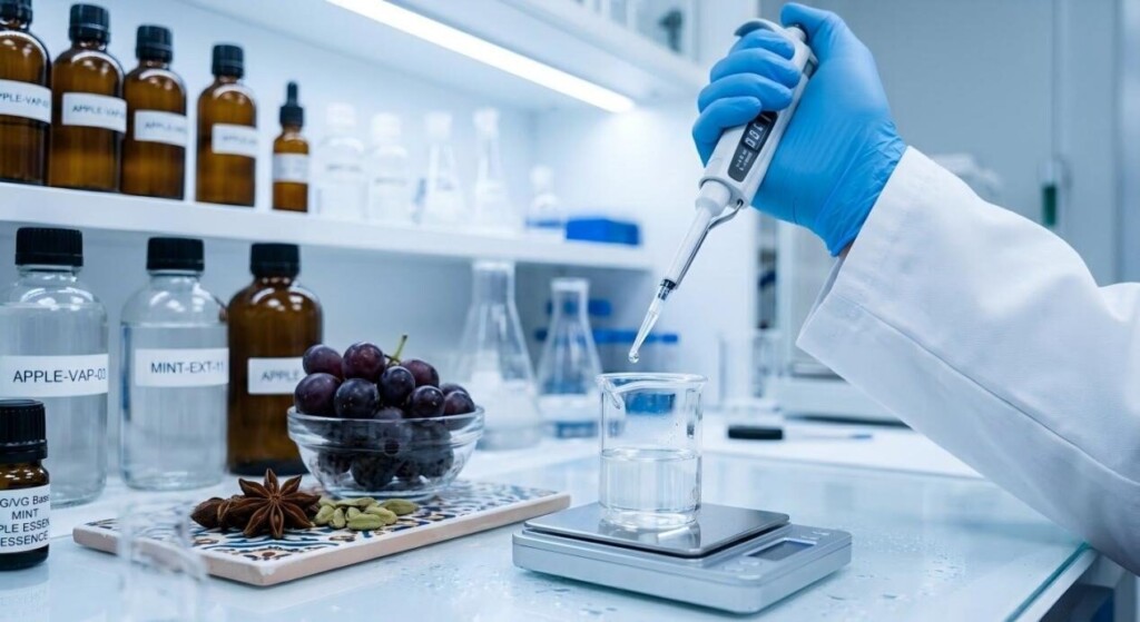 A professional macro shot of a scientist formulating premium e-liquid flavors with precision, set against a backdrop of raw Middle Eastern ingredients.