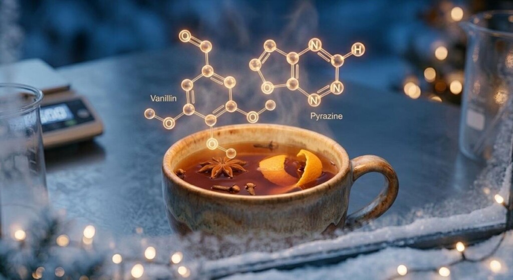 A stunning macro visualization of molecular chemistry meeting holiday tradition, featuring glowing structures over spiced cider.