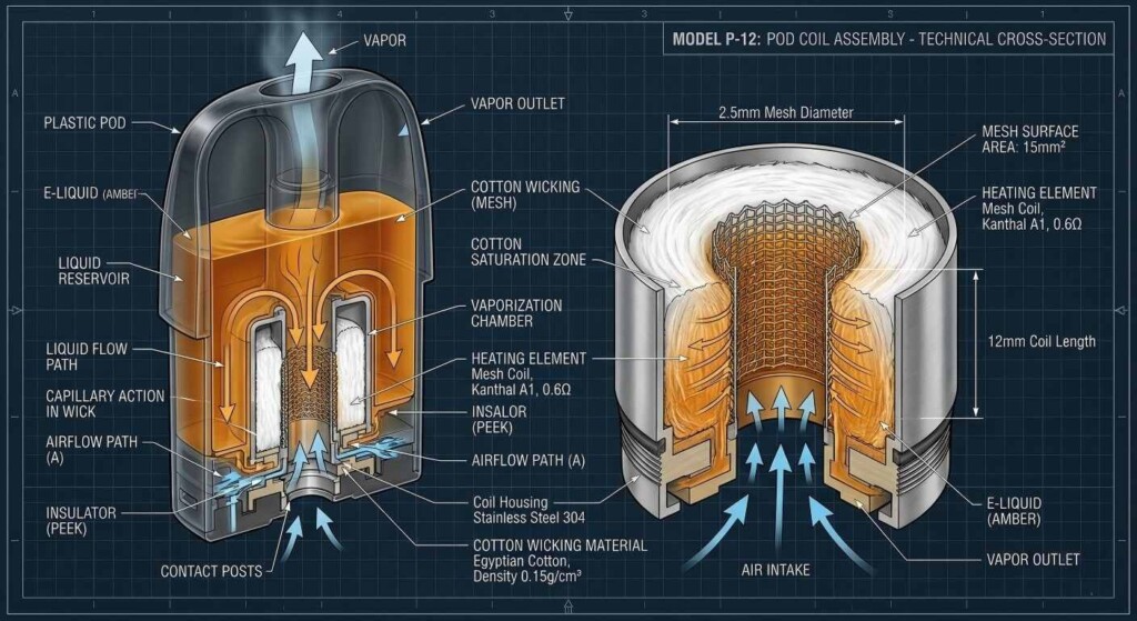 A highly detailed 3D technical cross-section diagram and engineering blueprint showing the internal mechanics, airflow, and wicking of a modern vape pod.