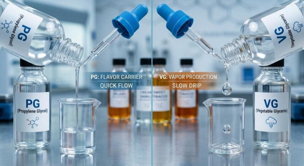Explore the differences between Propylene Glycol (PG) and Vegetable Glycerin (VG). Learn how these base liquids affect flavor delivery and vapor production.