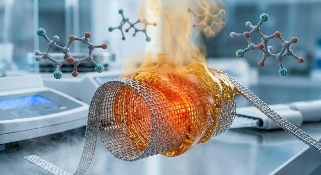 A high-definition 3D render exploring the chemistry of vape mesh coils, heating mechanics, and molecular structures.