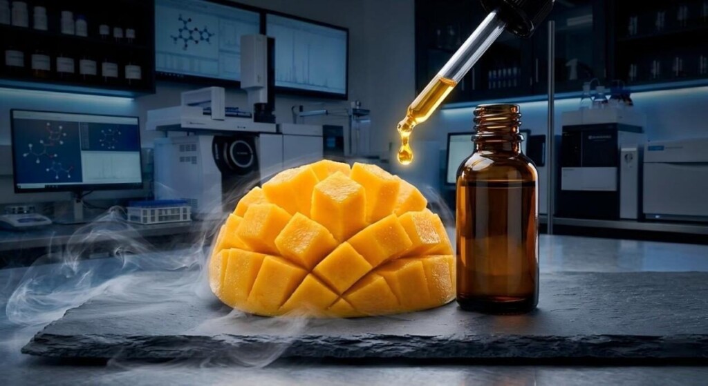 A macro studio shot of a perfectly ripe, halved mango next to an amber glass dropper dispensing a golden drop of premium flavor concentrate.