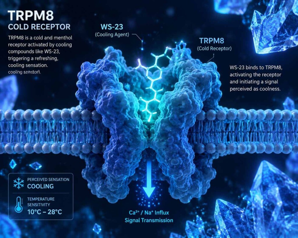 Highly detailed 3D illustration showing WS-23 binding to the TRPM8 cold receptor, with glowing ice crystals representing the cooling sensation.