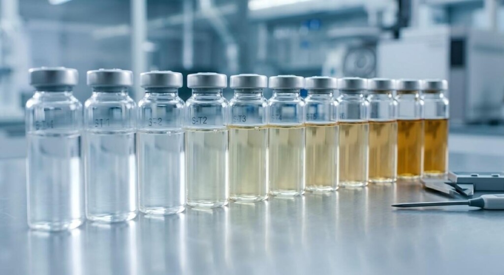 A macro view of e-liquid vials undergoing accelerated aging to study color changes and chemical stability over time.