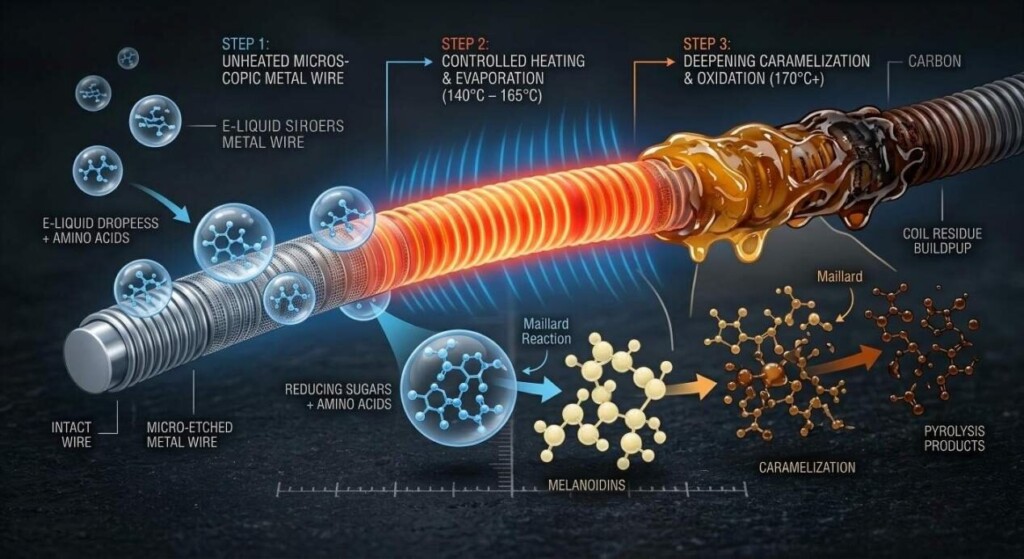 Explore the chemical progression of e-liquid molecules under heat and the Maillard reaction.