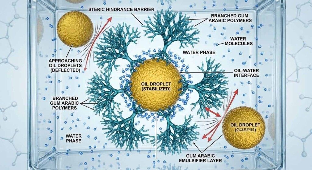 A detailed 3D scientific diagram illustrating how Gum Arabic molecules provide steric hindrance to stabilize oil droplets.