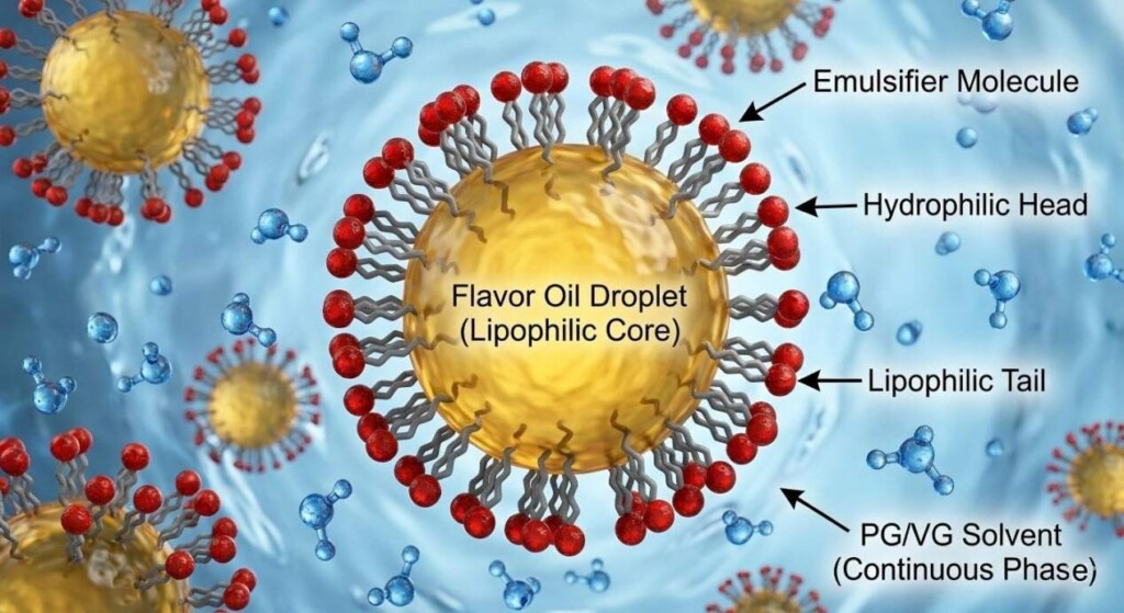 Detailed 3D scientific illustration showing the interaction between flavor oil droplets and emulsifier molecules.