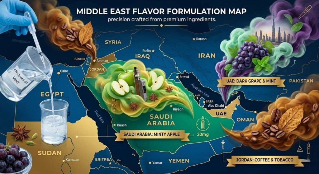 A sleek, corporate infographic map of the Middle East featuring artistic flavor clouds representing regional profiles like apple, grape, mint, coffee, and tobacco.