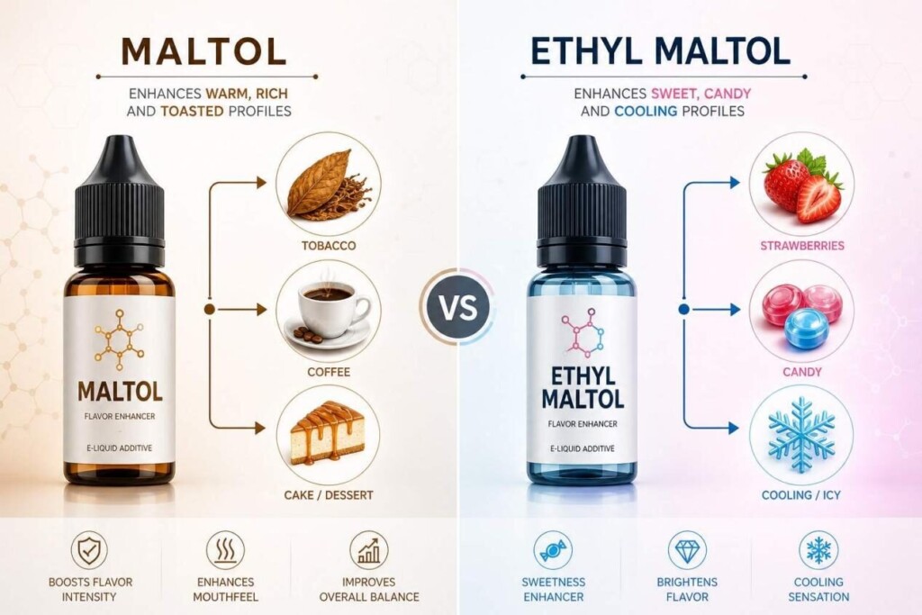 Clean corporate infographic illustrating how Maltol and Ethyl Maltol enhance different flavor profiles, from tobacco and coffee to fruity and candy-based blends.