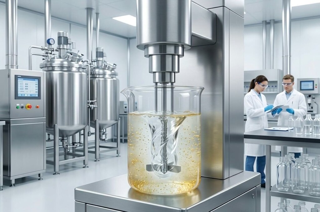 A professional industrial laboratory scene capturing a high-shear homogenizer transitioning e-liquid from cloudy to clear through emulsification.