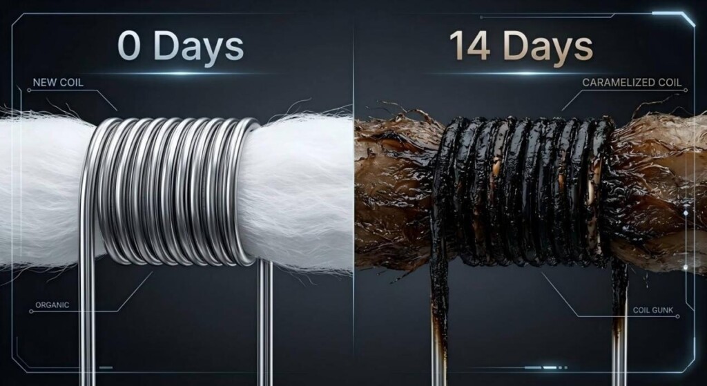 A side-by-side visual comparison demonstrating the impact of sweeteners on vape coil longevity after 14 days of use.