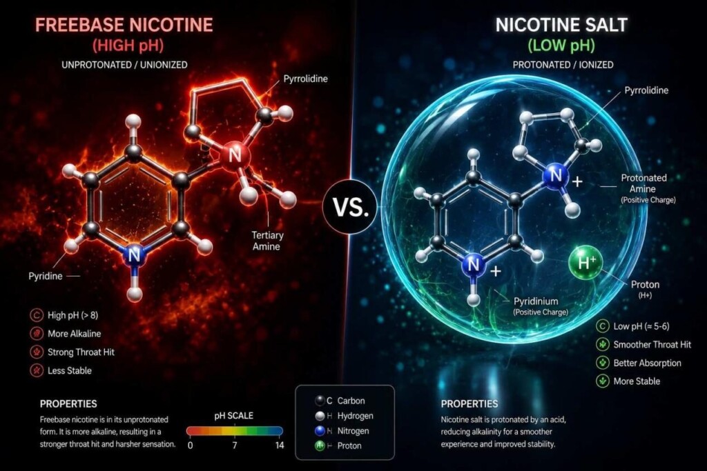 A detailed 3D scientific visualization comparing freebase nicotine and nicotine salt structures, illustrating differences in stability, absorption, and chemical behavior.