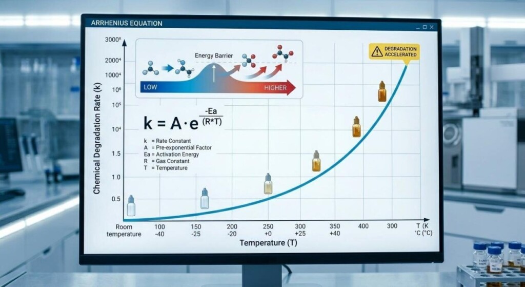 Technical infographic illustrating how temperature increases influence the rate of chemical degradation in e-liquids.