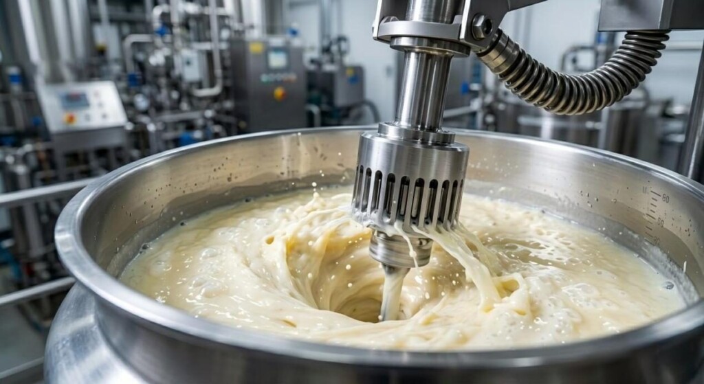 Action shot of a stainless steel homogenizer probe creating a high-speed vortex to blend thick chemical emulsions.
