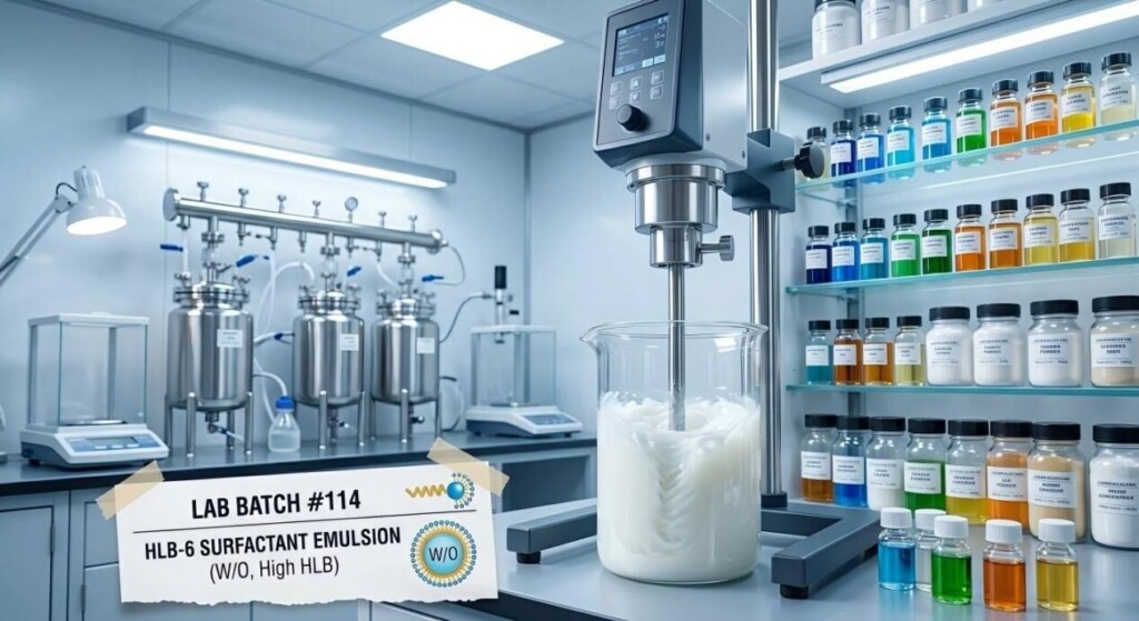 State-of-the-art flavor chemistry laboratory featuring a high-shear homogenizer blending stable emulsions for food and beverage manufacturing.