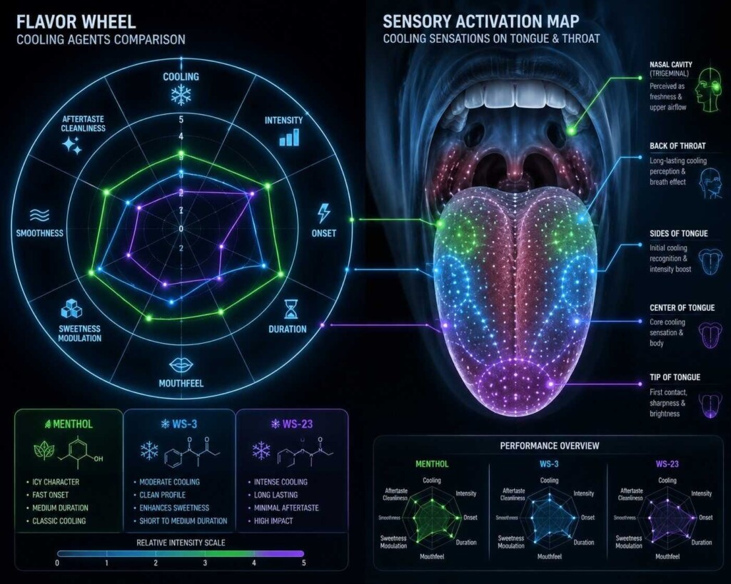A futuristic scientific infographic visualizing the sensory characteristics of Menthol, WS-3, and WS-23 with a glowing flavor wheel and anatomical sensory activation mapping.