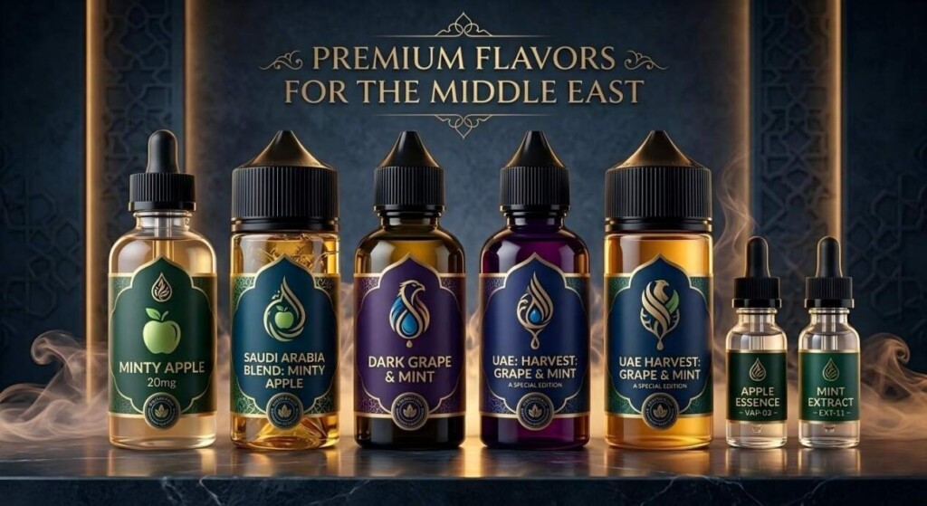 A sophisticated product shot of premium e-liquid bottles against a moody background, designed specifically for the high-end Middle Eastern vaping market.