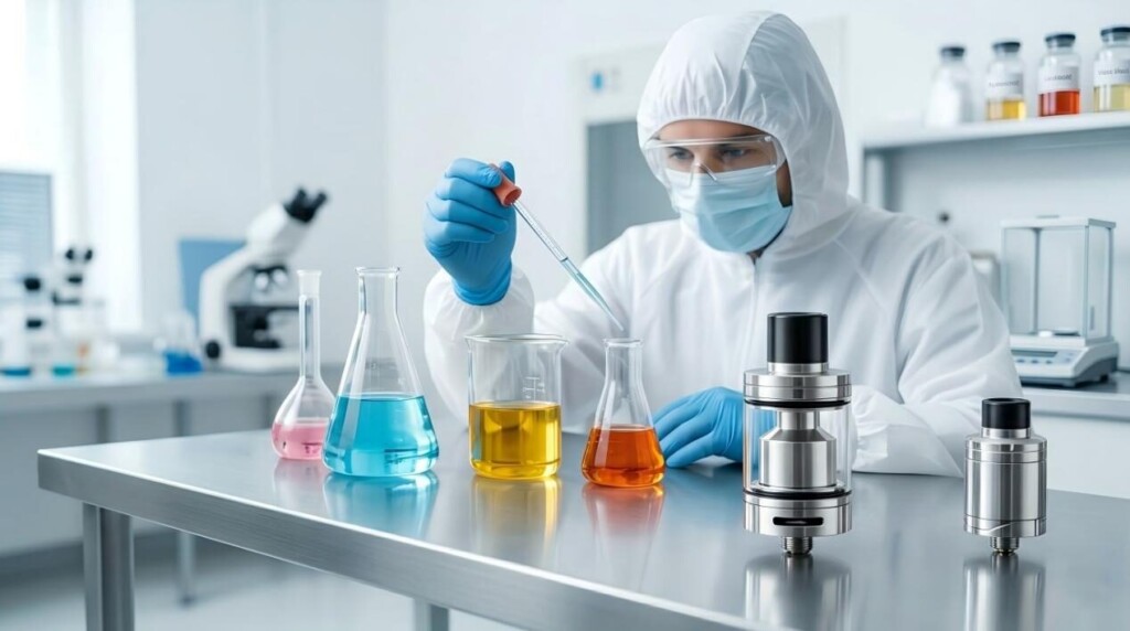 A bright, corporate photograph of a professional laboratory where a scientist in cleanroom attire develops e-liquid flavorings using precision droppers and glass beakers.