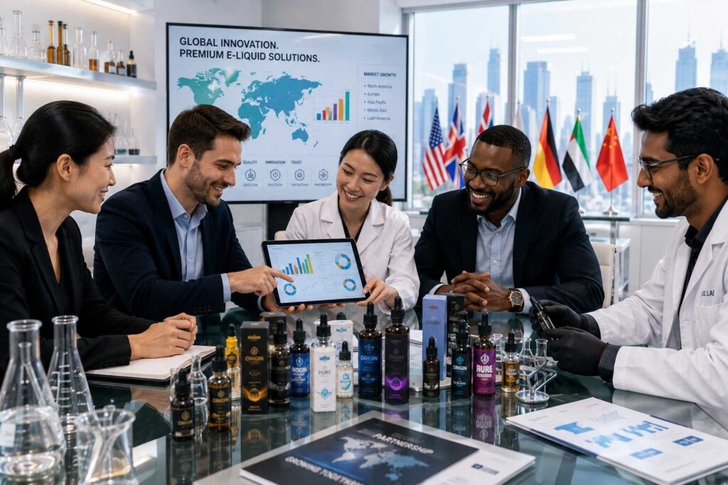 A diverse team of professionals and chemists collaborating in a modern meeting space, reviewing product data and branded e-liquid samples, symbolizing growth and international business expansion.